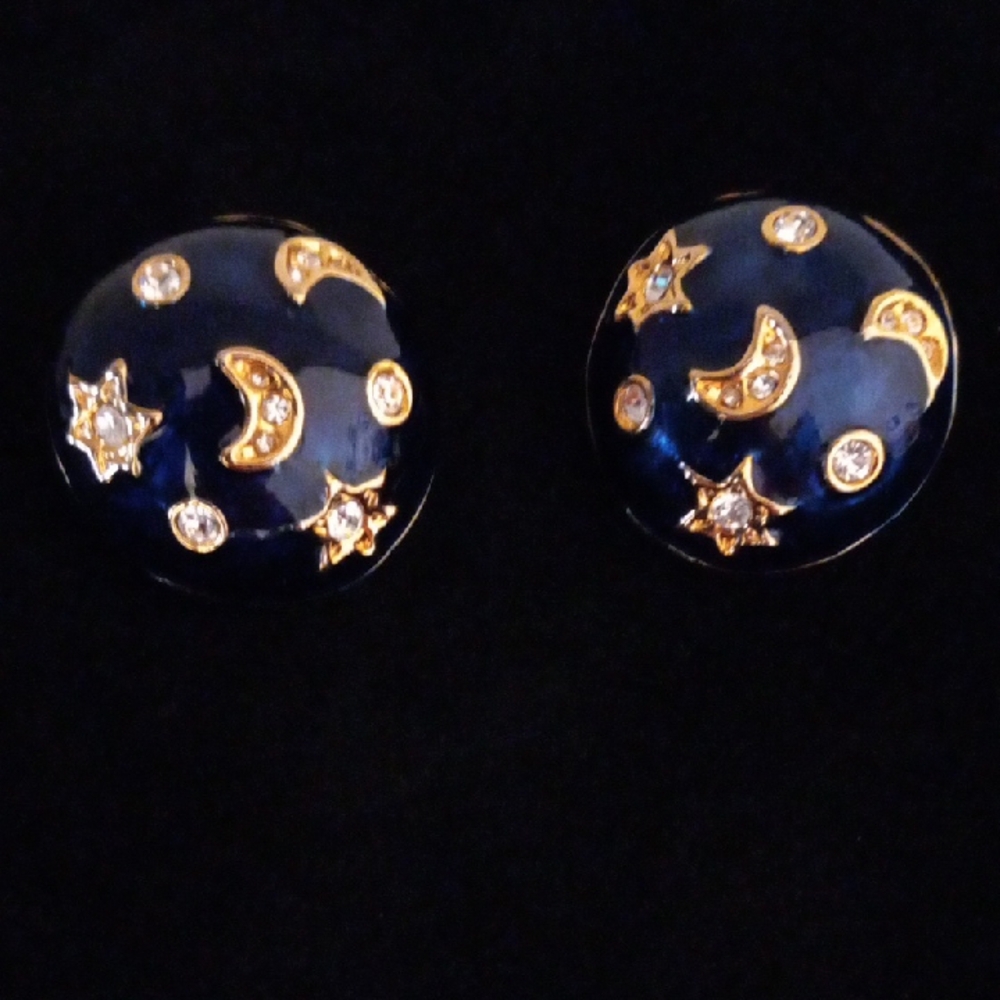 Vintage Gold-Tone Navy Enamel Star & Moon Crystal Celestial Earrings